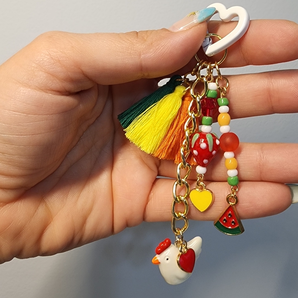 Handmade Beaded Chicken Strawberry Keychain Bag Charm 🐔🍓✨️